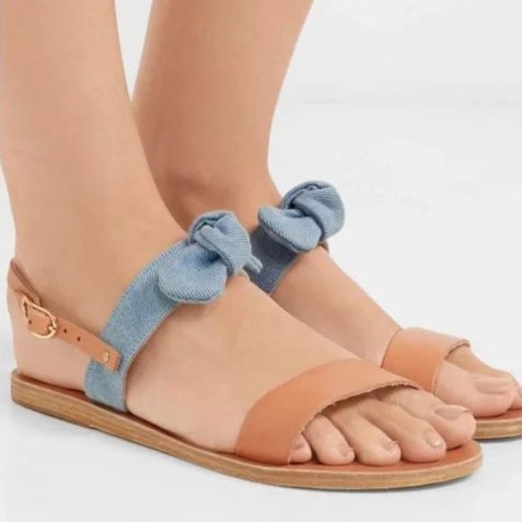 ANCIENT GREEK SANDALS Clio Slingback Size 40 9 Blue Denim Bow Tan Leather NEW - Picture 1 of 14